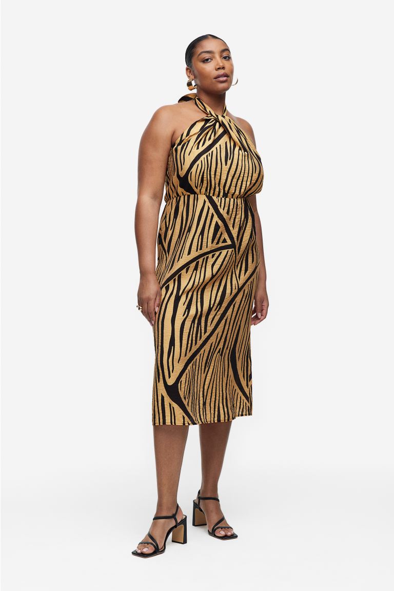 H&M Draped Halter Dress, Beige/Tiger Striped