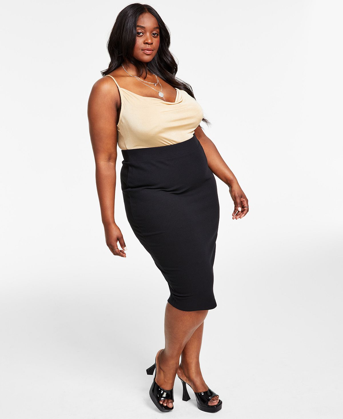 Fashionable plus size fitted jersey midi skirt designed for Macy's Bar III multi