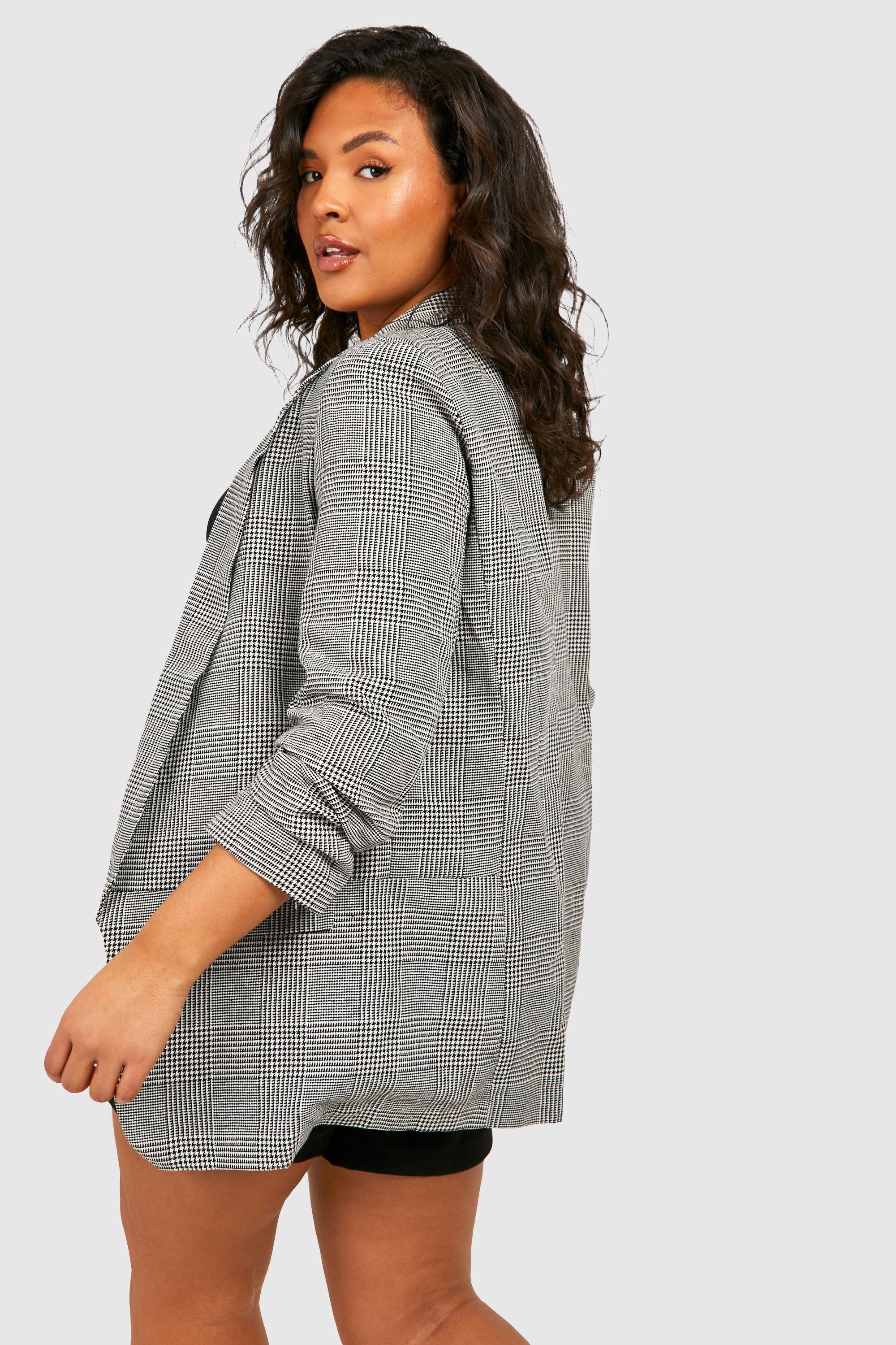 Boohoo Prince of Wales Ruffled Flannel Jacket, Gray