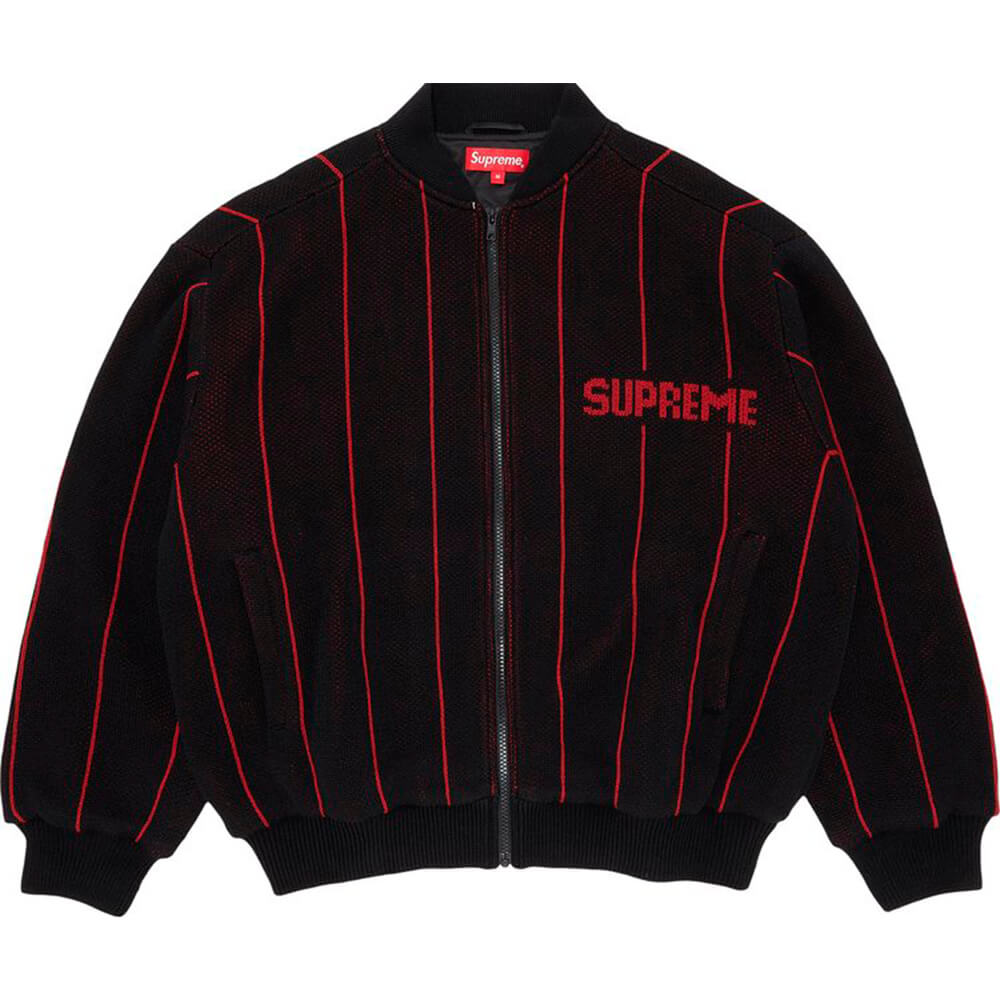 Supreme Pinstripe Varsity Zip Up Jacket, black