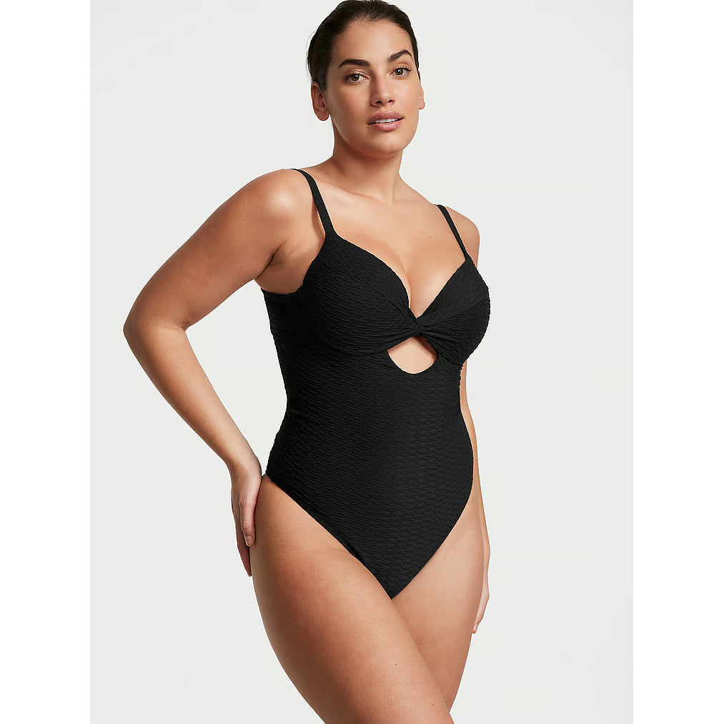 Victoria's Secret Swim Twist-Front Removable Push-Up One-Piece Fishnet Swimsuit, black