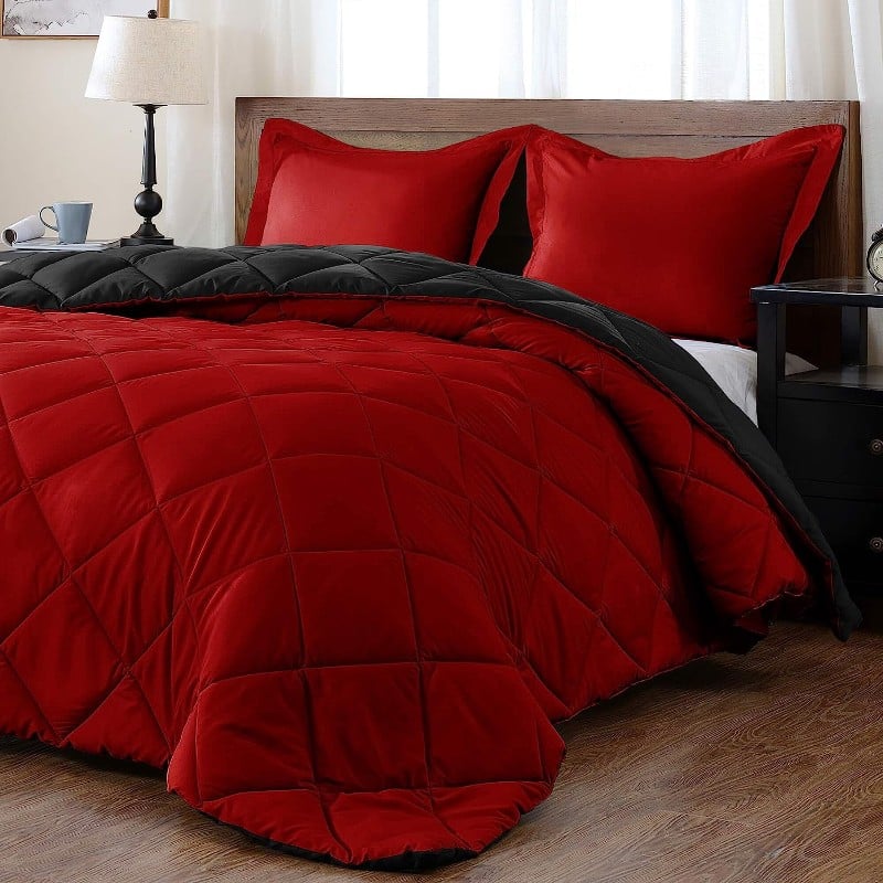 Downluxe Queen 3 Piece Bedding Set, Red/Black