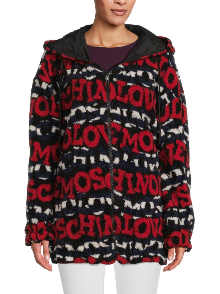 Zip sweatshirt in faux sheepskin with Love Moschino logo, Red Multicolor