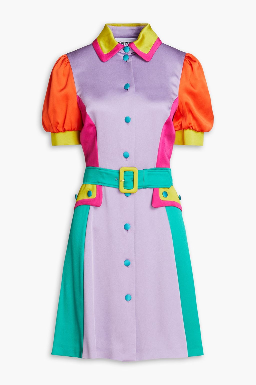 Shirt dress in satin crepe with pleats in color block style MOSCHINO, lilac