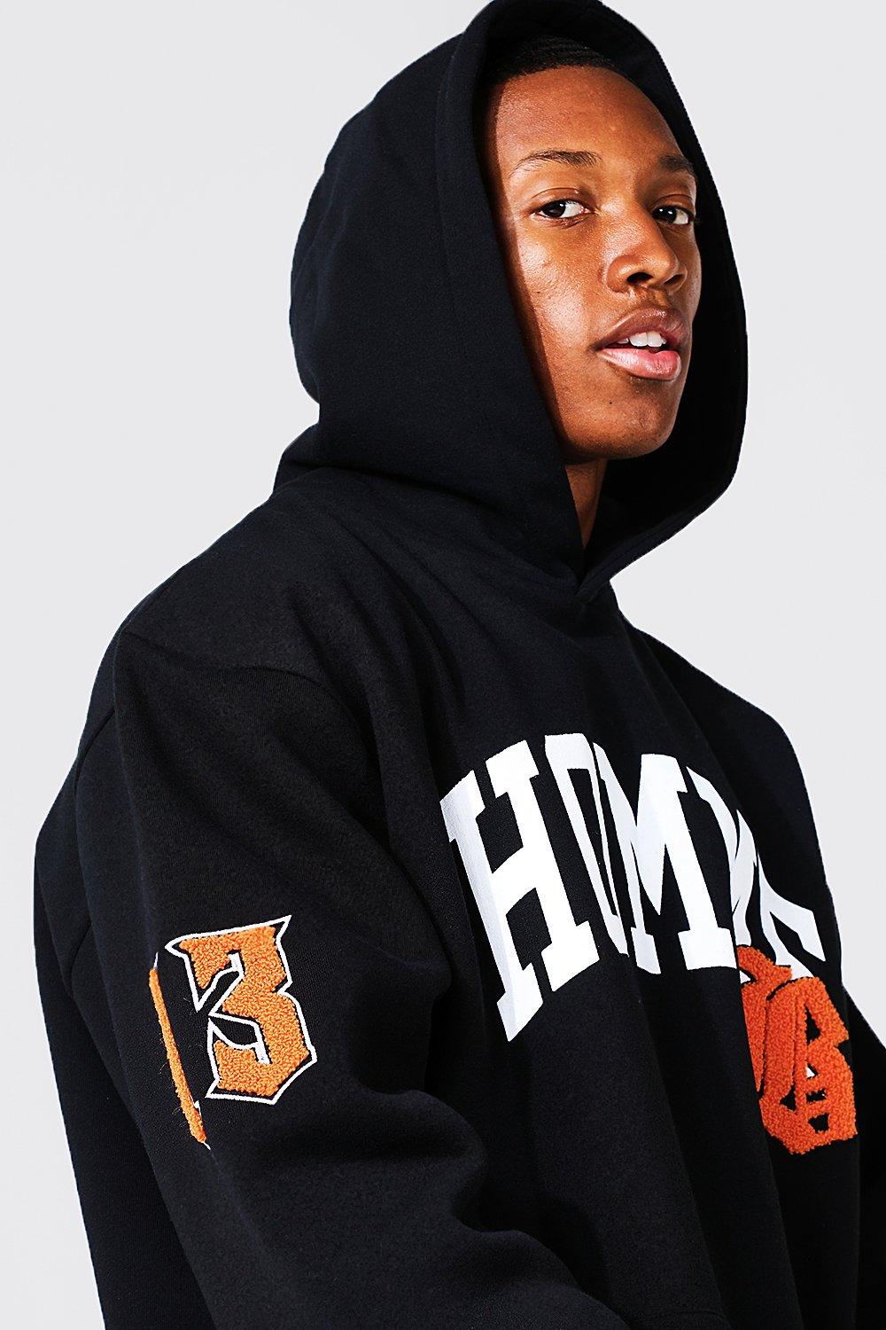 Boohoo University Team Oversized Homme Hoodie with Appliqué, Black