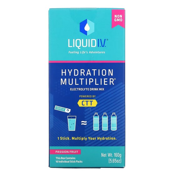 Liquid I Drink Mix. V. Hydration Multiplier with electrolytes, passion fruit 10 individual stick sachets, 16 g each