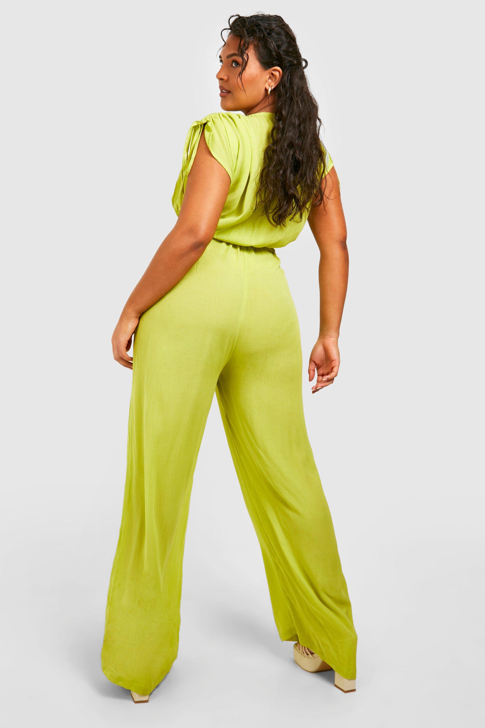 Boohoo Wide Leg Puffed Sleeve Jumpsuit, Chartreuse