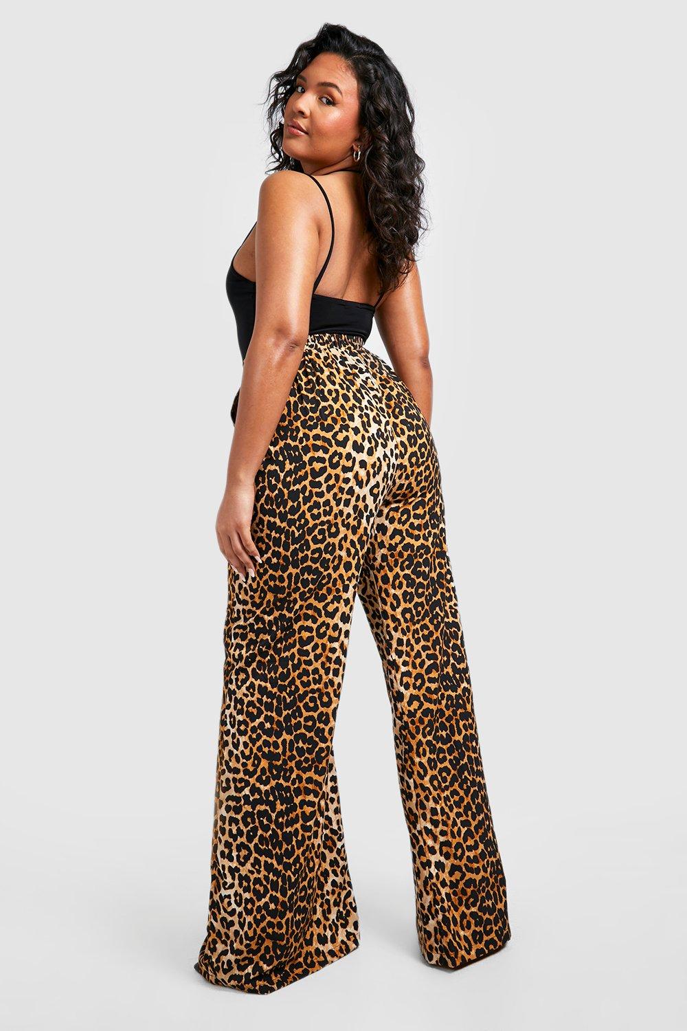 Boohoo leopard print wide leg plus trousers, brown