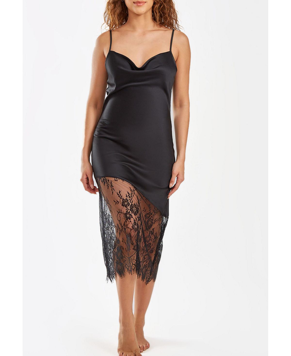 Women's satin jeanie dress with draped front and contrast lace with floral eyelashes i  Collection, black