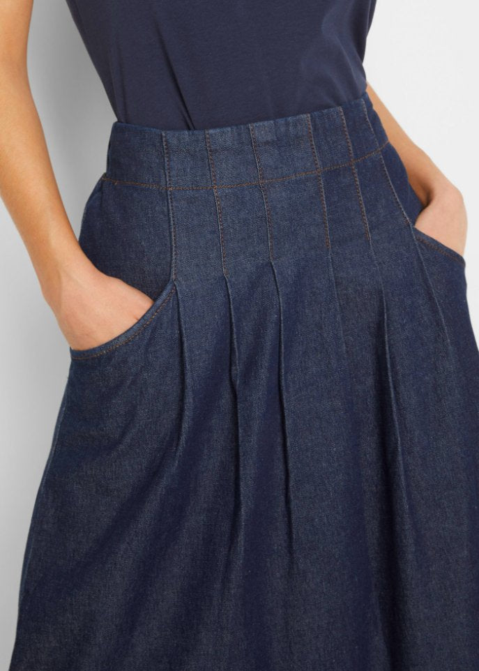 Stretch denim skirt with pintucks and comfortable belt Bpc Bonprix Collection, blue