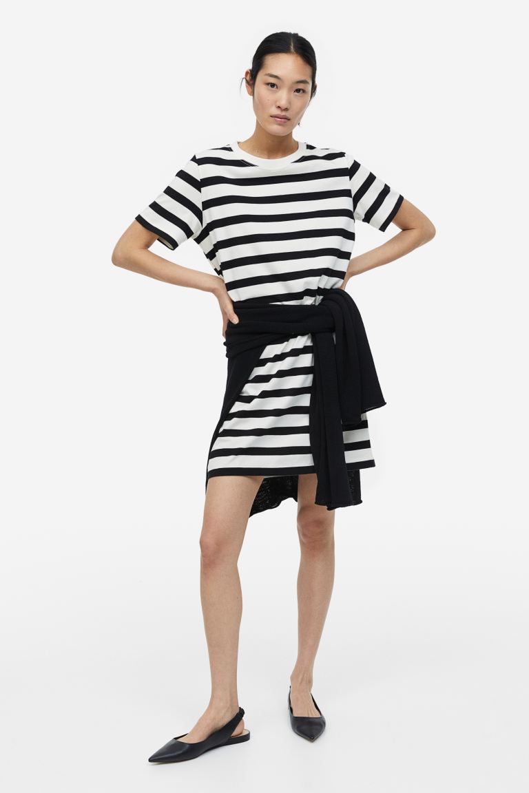 H&M Cotton T-shirt Dress, White/Black Striped