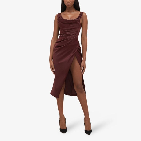 Rhoda satin midi dress with side slits House Of Cb, color raisin