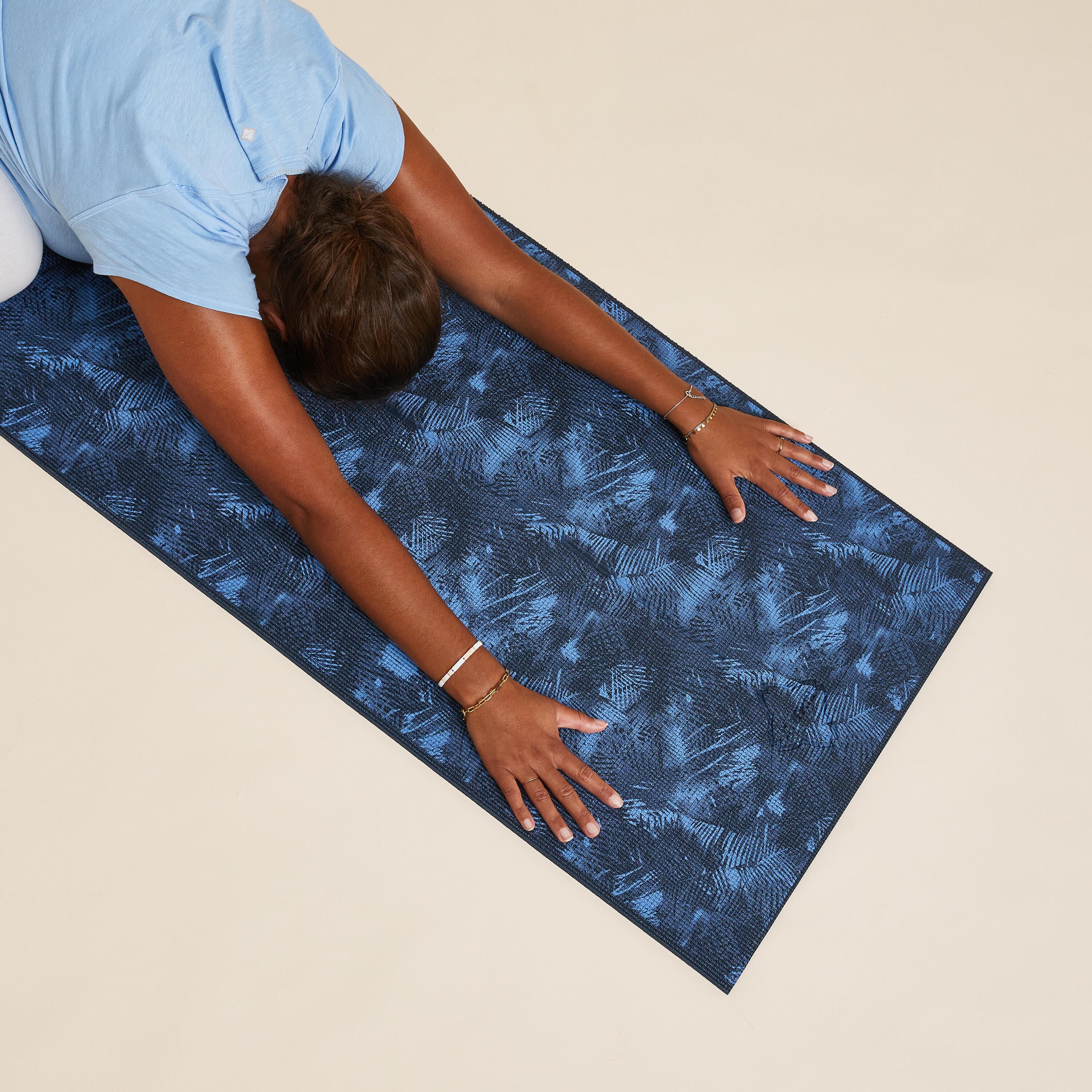 Yoga mat comfort 173 cm × 61 cm × 8 mm - dark blue palm trees KIMJALY, blue