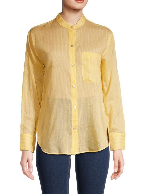 Vince Pinstripe Silk Blend Button Down Shirt, Yellow