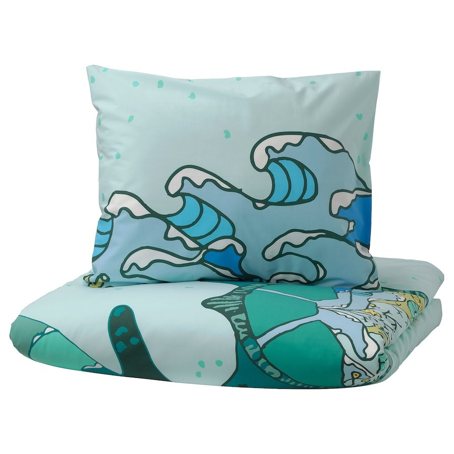 Bed linen Ikea Blavingad Duvet Cover And Pillowcase Turtle Pattern, 150x200/50x60 cm, turquoise