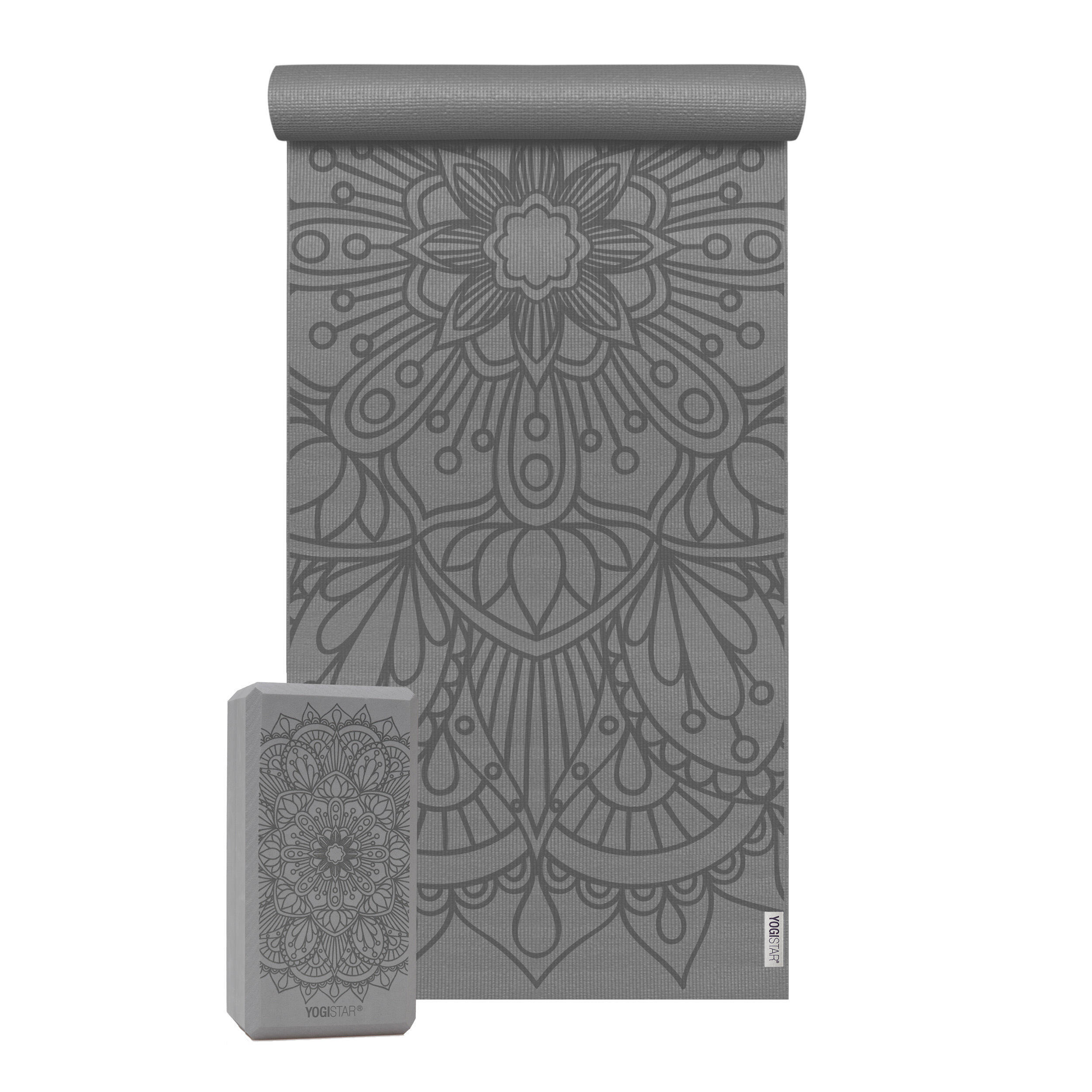 YOGISTAR Yoga Set Starter Edition - Lotus Mandala (Yoga Mat + 1 Yoga Block), Gray