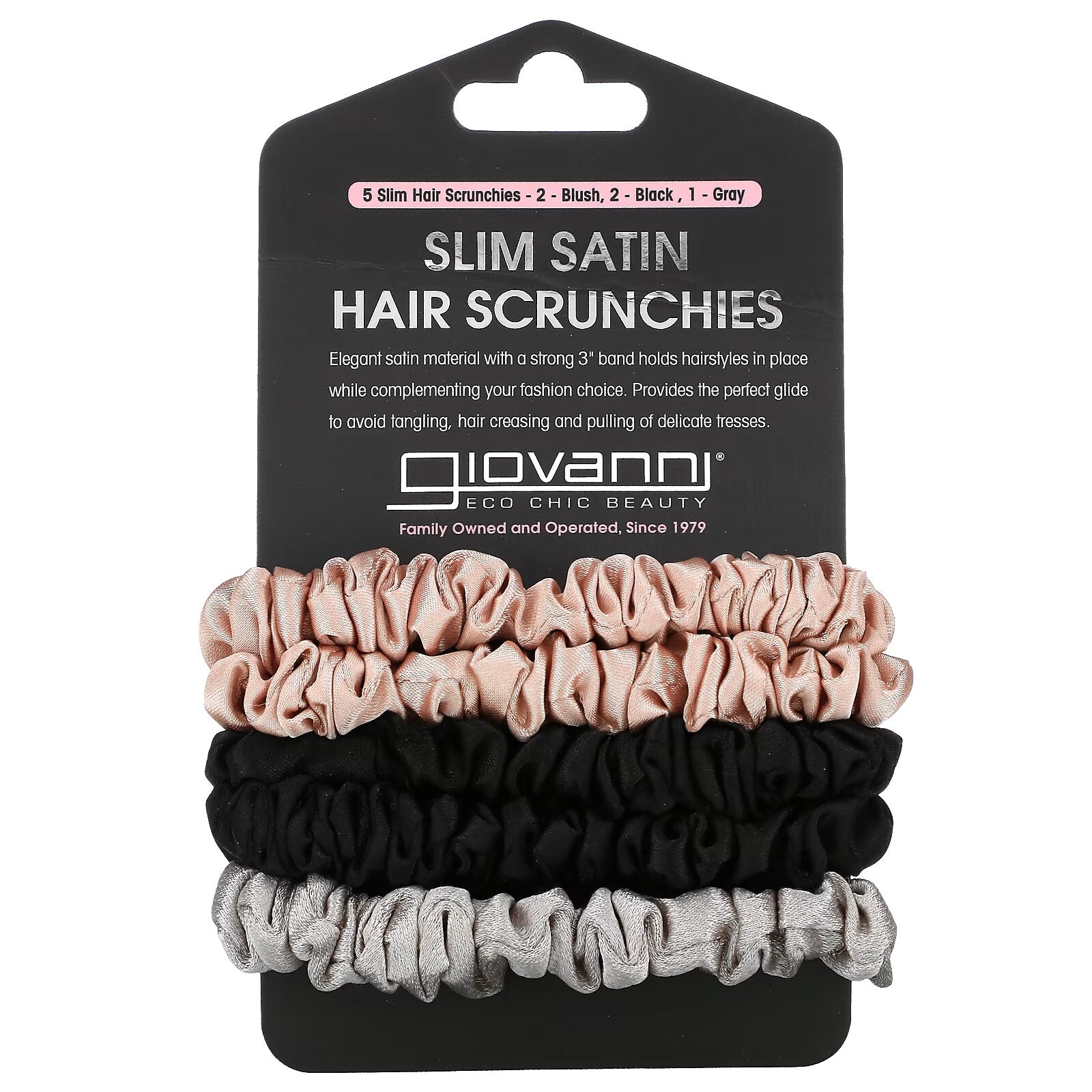 Giovanni, Satin Scrunchies for Fine Hair, Blush, Black & Grey, 5 Scrunchies