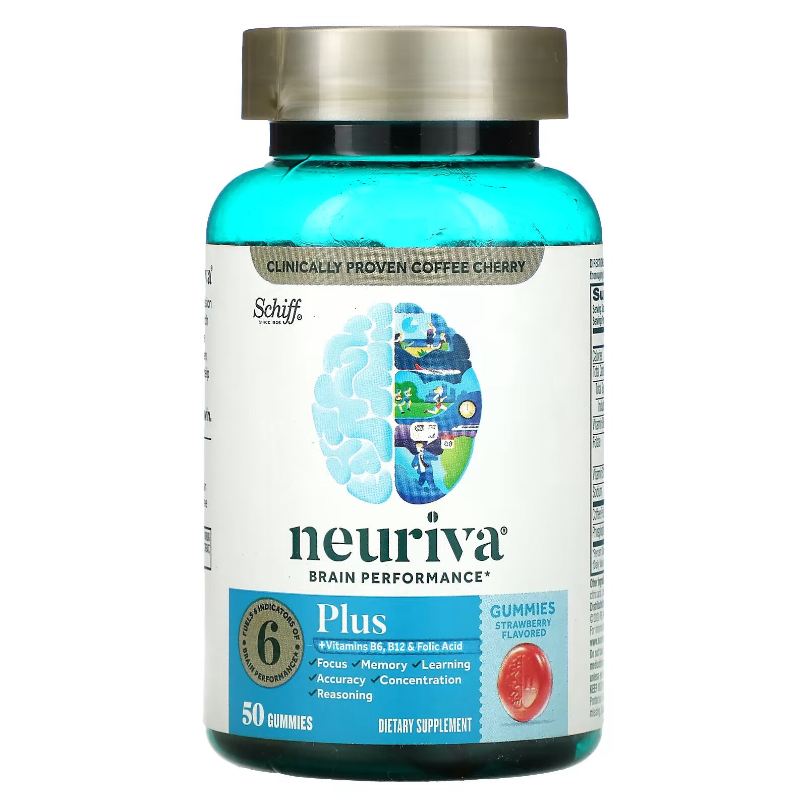 Schiff, Neuriva Brain Performance, with Vitamins B6, B12 and Folic Acid, Strawberry 50 chewable tablets