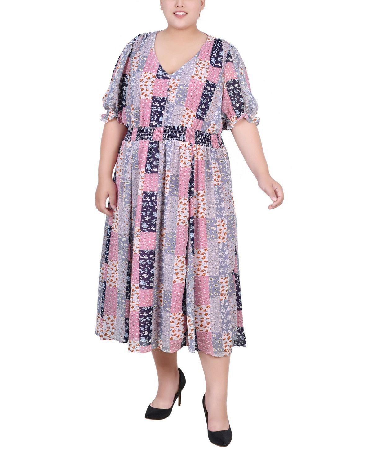 Plus Size Short Sleeve Chiffon Puff Sleeve Dress NY Collection multi