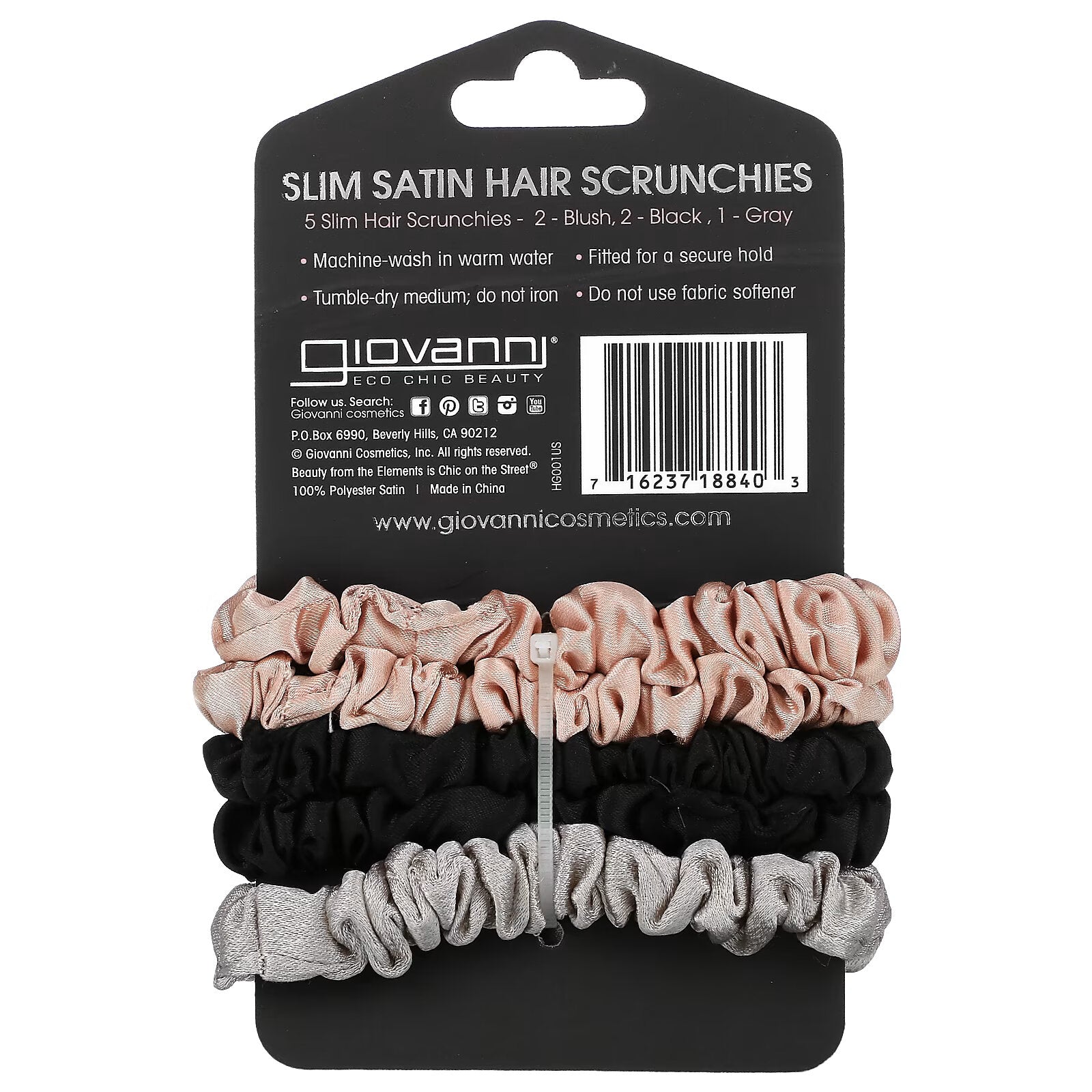 Giovanni, Satin Scrunchies for Fine Hair, Blush, Black & Grey, 5 Scrunchies