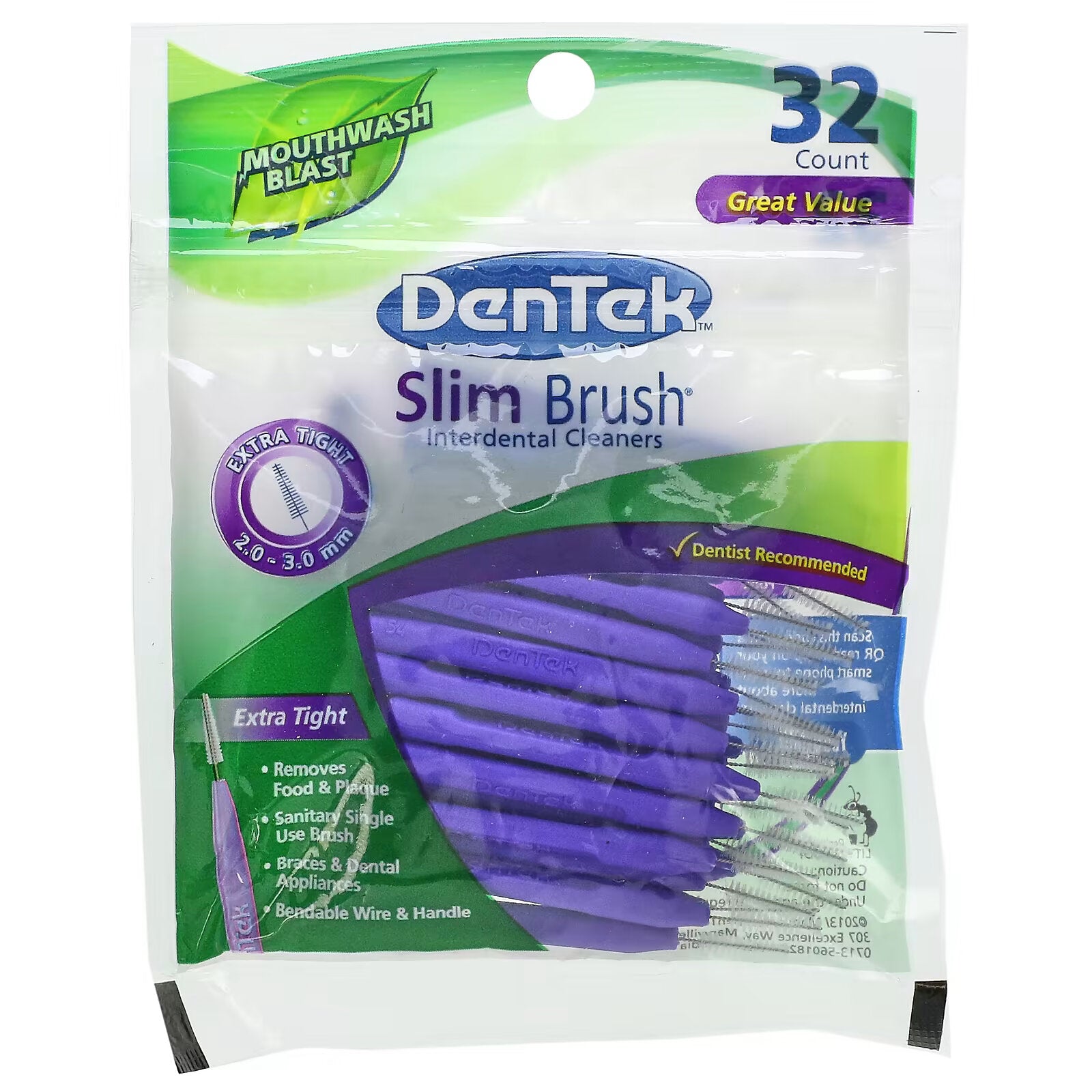 DenTek, Interdental Cleaner Slim Brush extra thick mouth rinse, 32 pieces