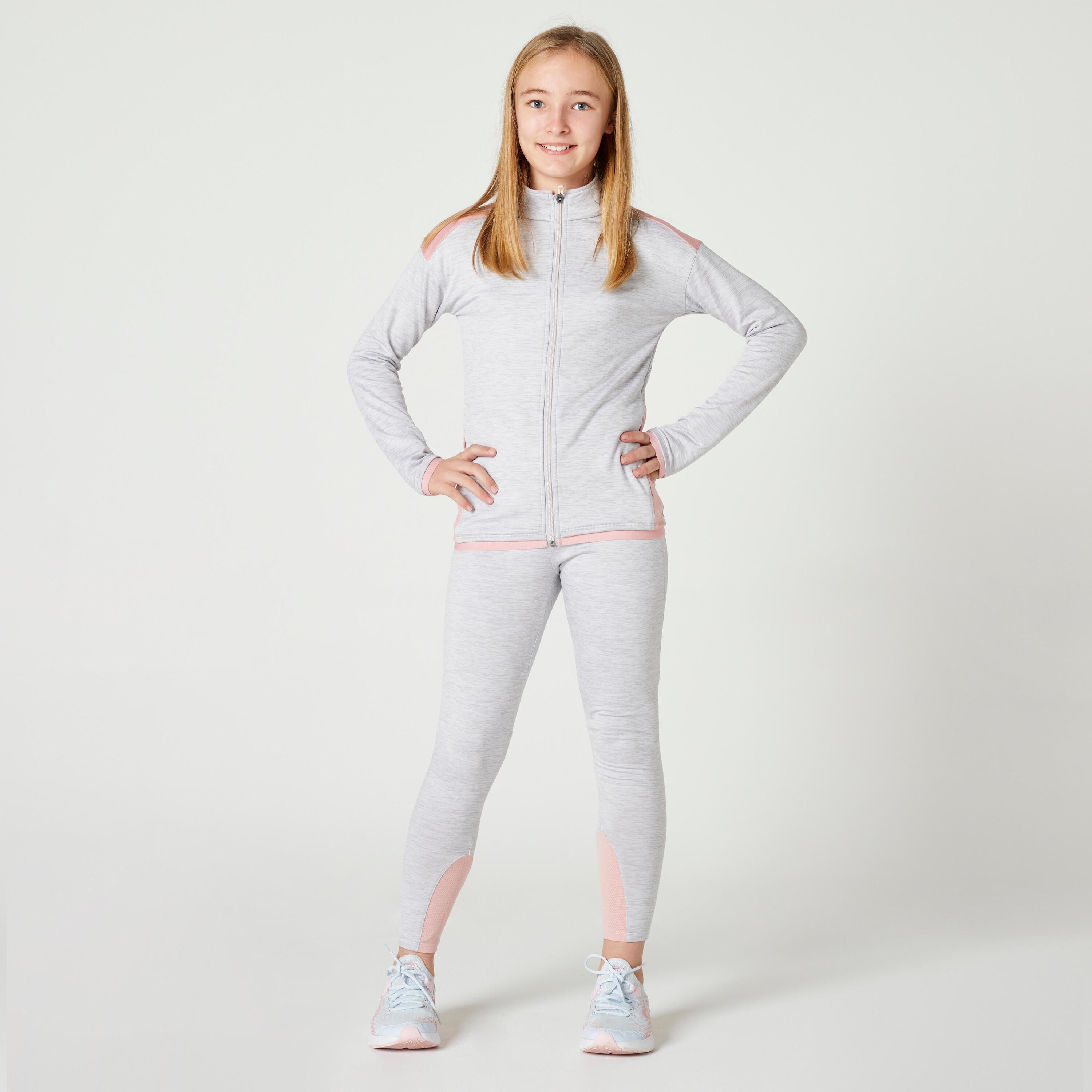 Training suit S500 synthetic breathable children's light gray/pink DOMYOS grey/pink