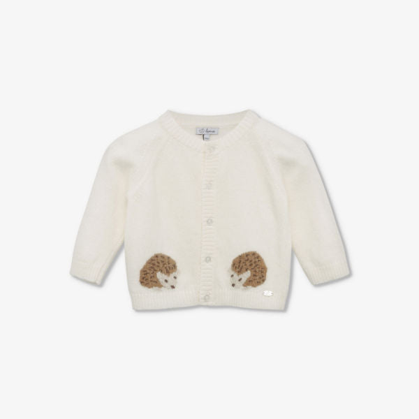 Knitted cardigan hedgehog "Thorns" intarsia 0-9 months Trotters, white