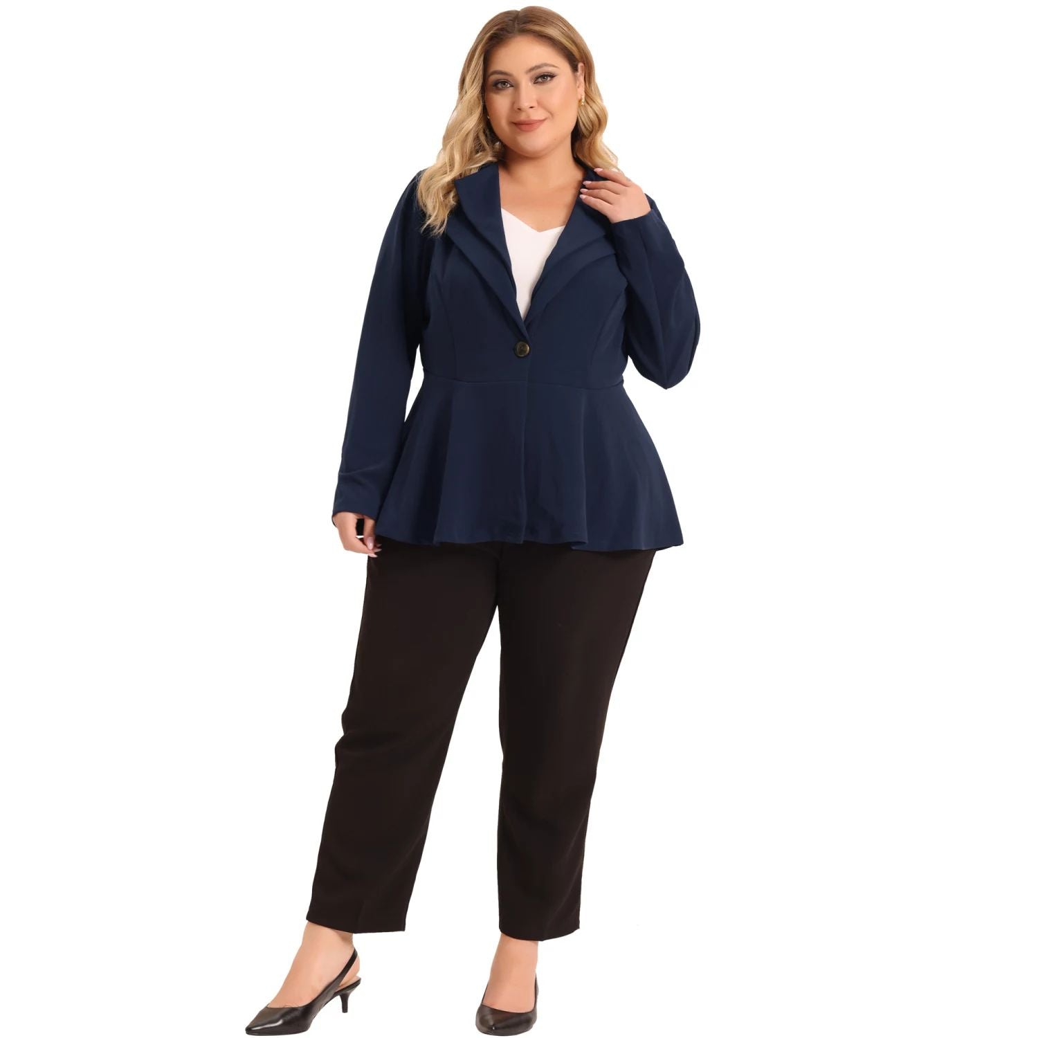 Women's Plus Size Office Blazers with Double Lapel and Peplum Agnes Orinda jackets, dark blue