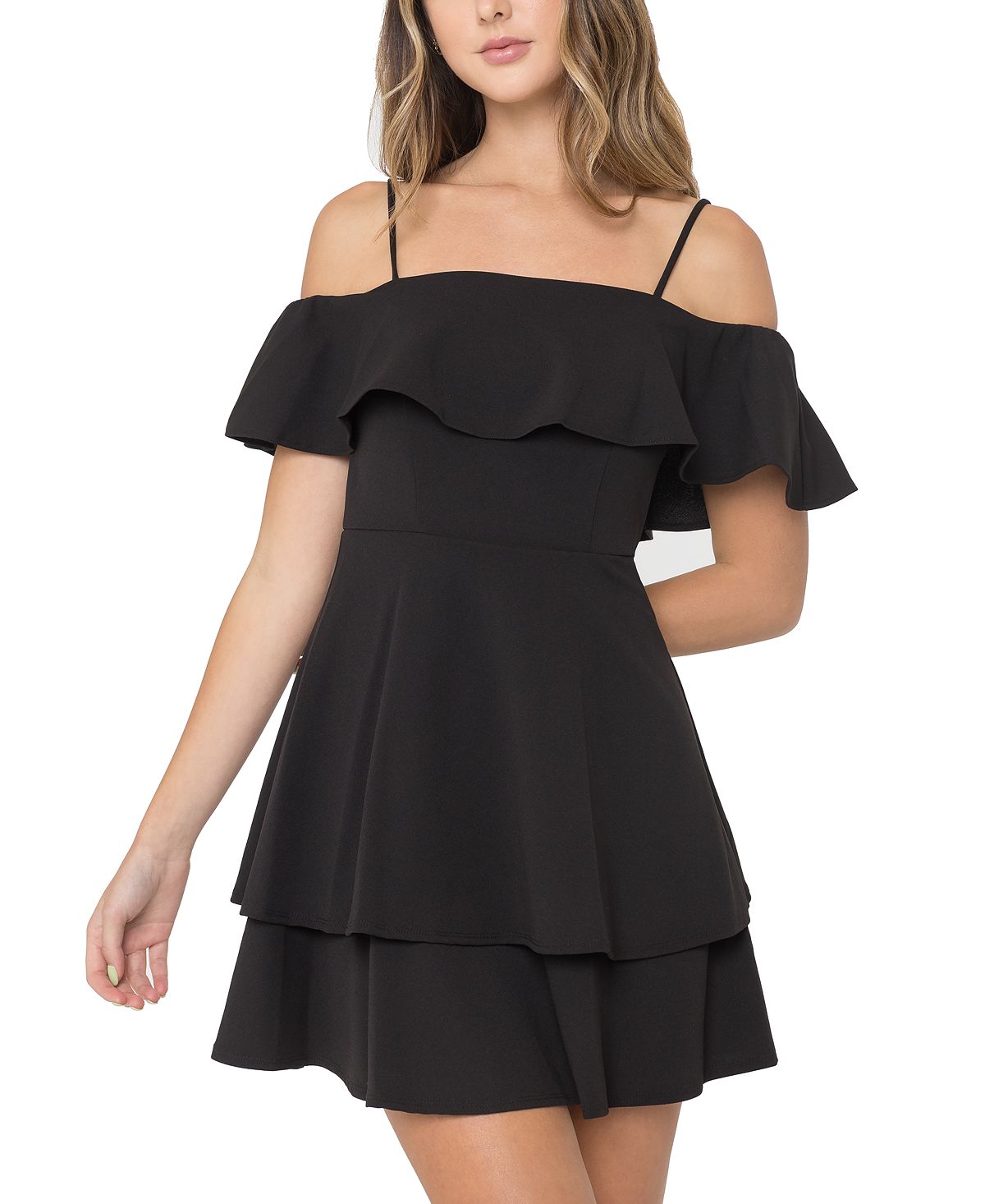 B Darlin Ruffle Off Shoulder Junior Dress, Black