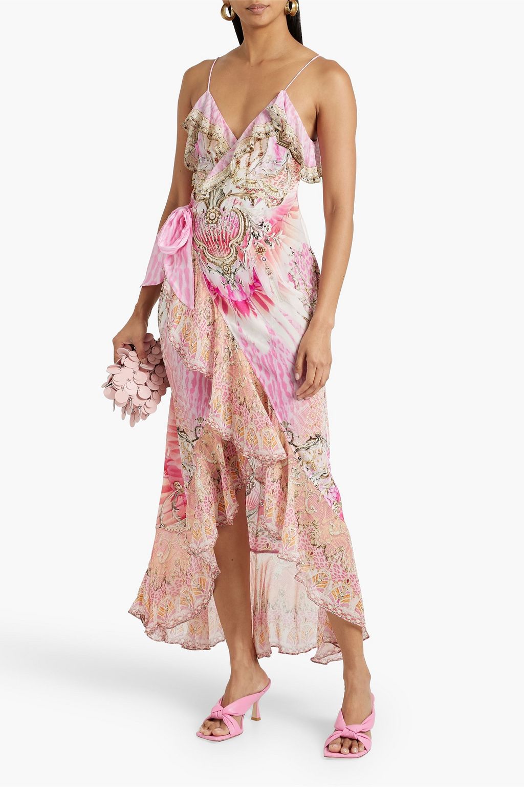 Silk chiffon wrap dress with embellished CAMILLA print, pink