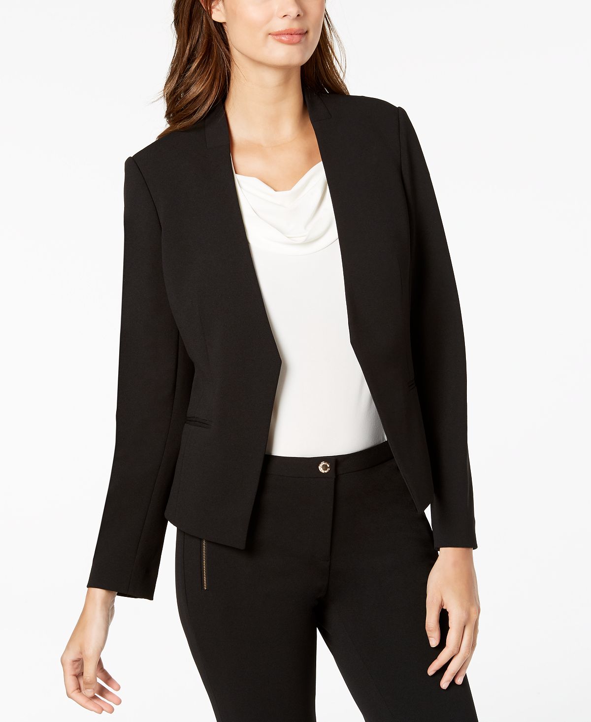 Asymmetrical open front jacket standard and petite sizes Calvin Klein, black