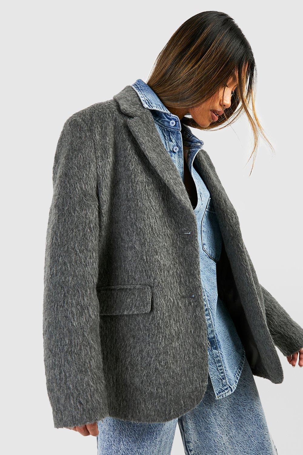 Boohoo Oversized Textured Wool Blazer, Charcoal