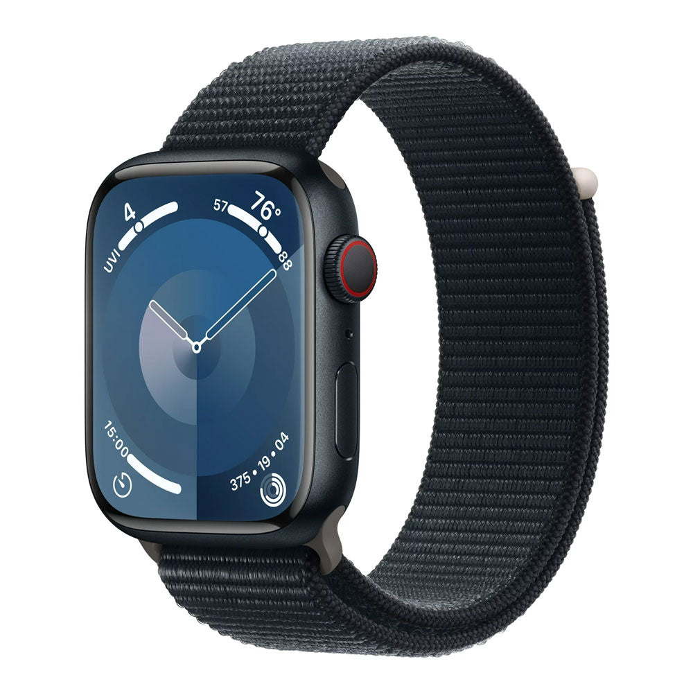 ساعة Apple Watch Series 9 (GPS + Cellular)، مقاس 45 مم، هيكل من الألومنيوم منتصف الليل/حلقة رياضية منتصف الليل - مقاس واحد