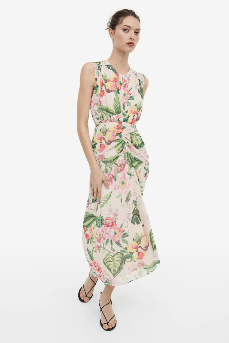 H&M patterned chiffon dress, light beige/floral