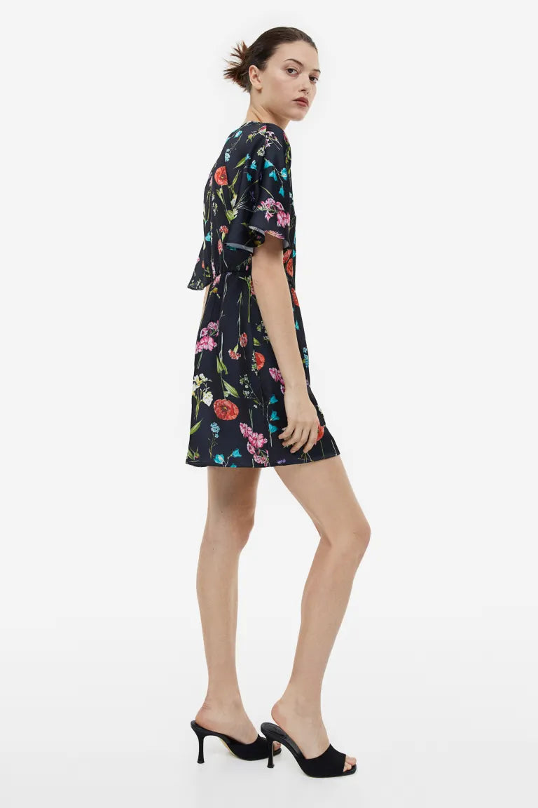 H&M Satin Wrap Front Dress, Black/Floral