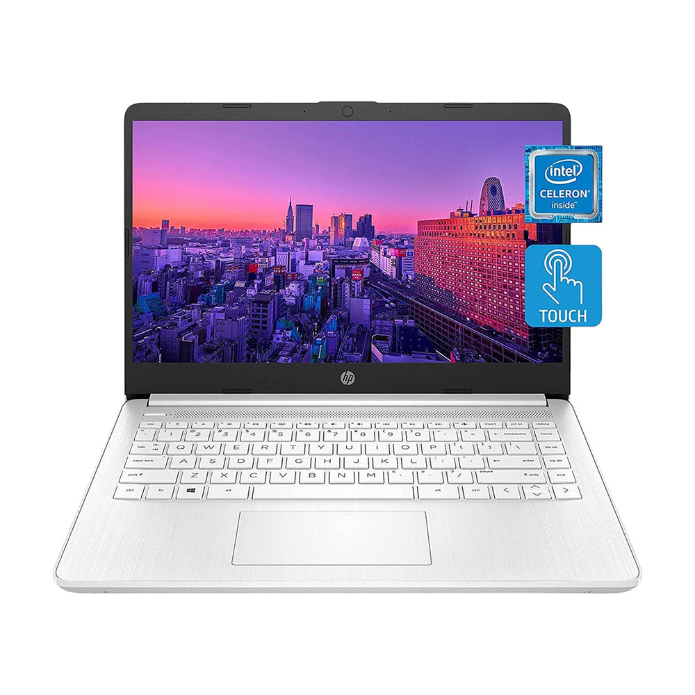 لابتوب HP 14-dq0080nr، شاشة 14 بوصة عالية الدقة تعمل باللمس، 4 جيجابايت/64 جيجابايت، معالج Celeron N4020، أبيض، لوحة مفاتيح إنجليزية