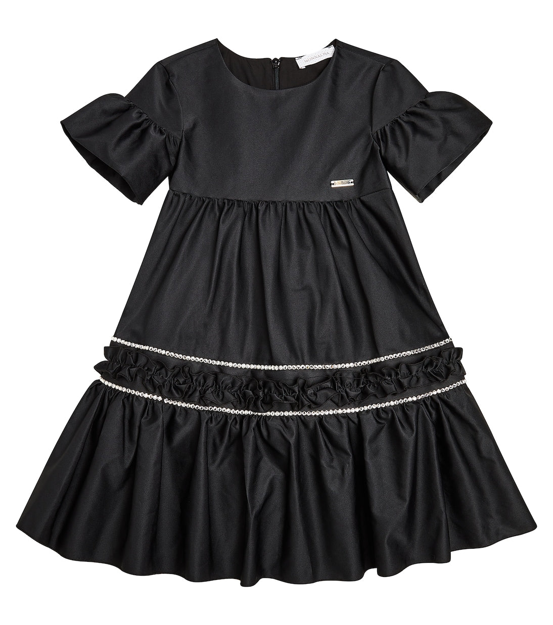 Satin dress with frills and Monnalisa decor, black