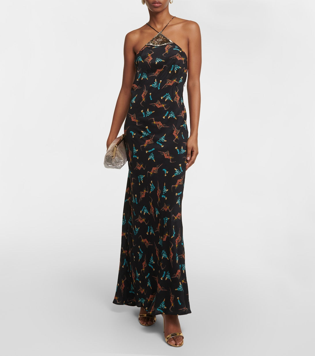 Rixo Print Silk Halter Neck Maxi Dress, Black