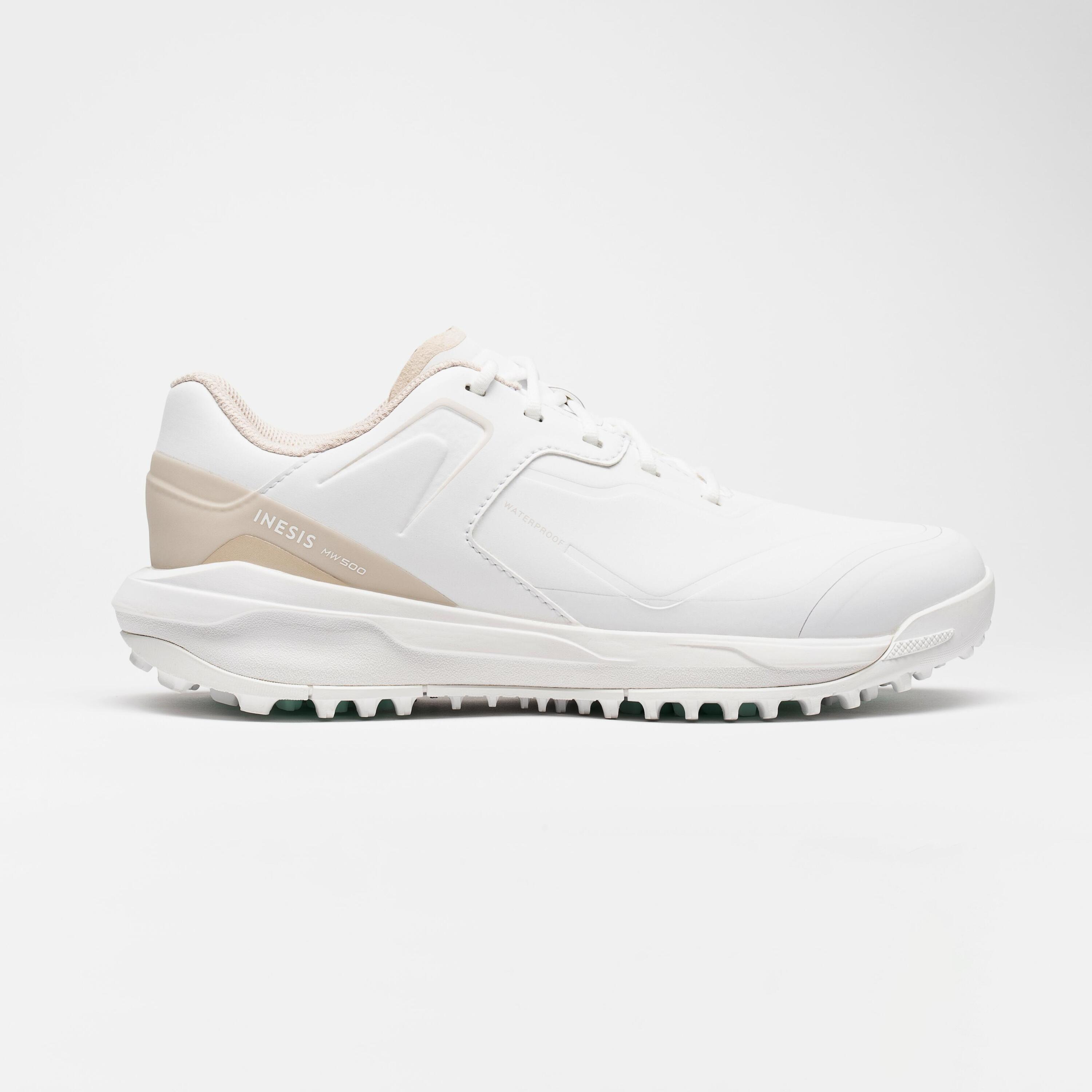 Women's waterproof golf shoes - MW500 white INESIS eggshell/white/pastel yellow