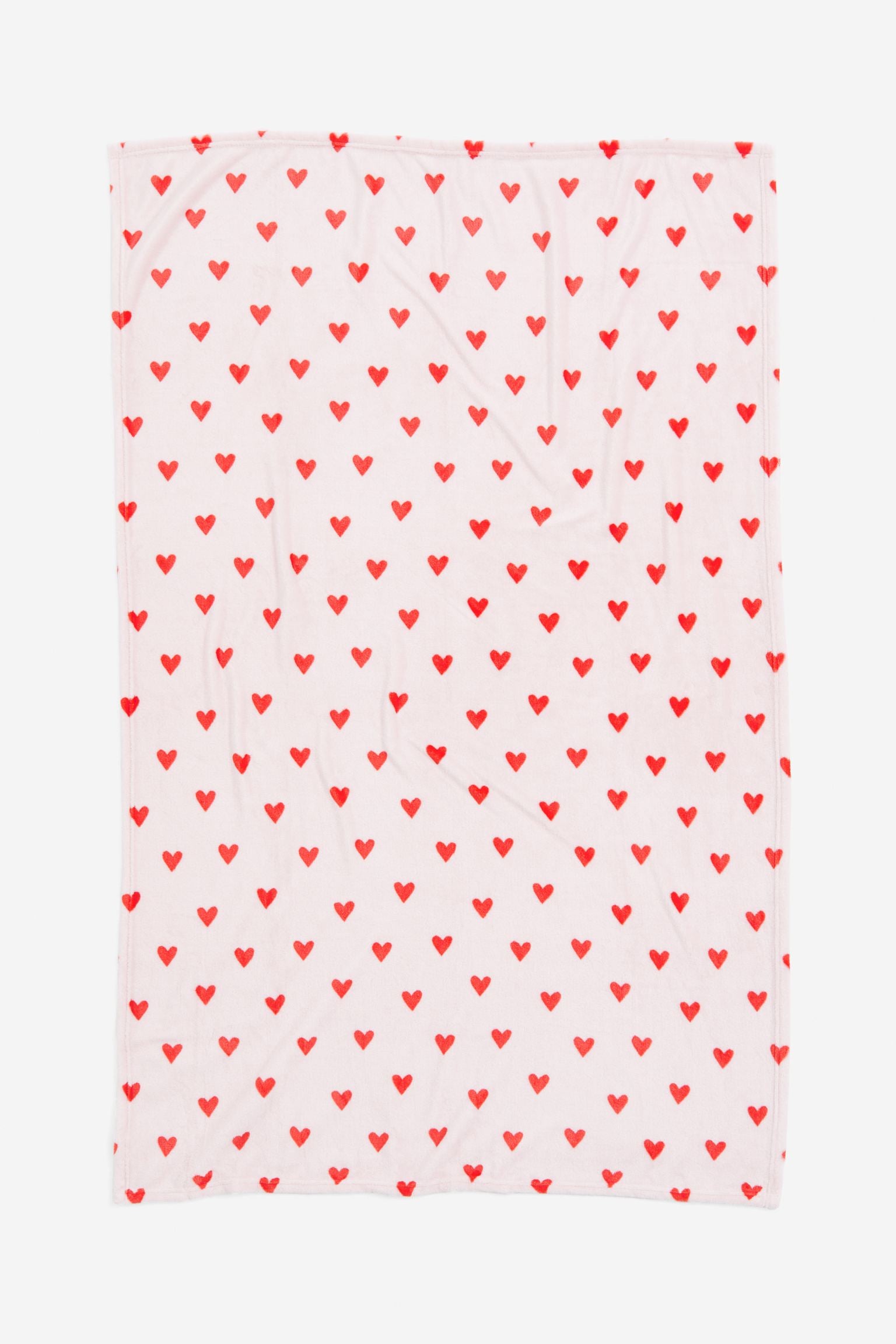 H&M Home Patterned Fleece Hearts Blanket, light pink/red