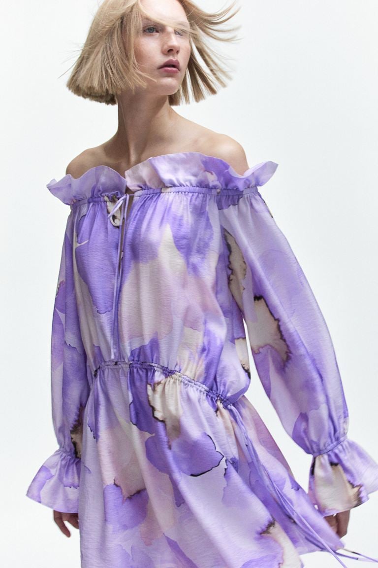 H&M Oversized Off Shoulder Dress, Light Purple/Floral