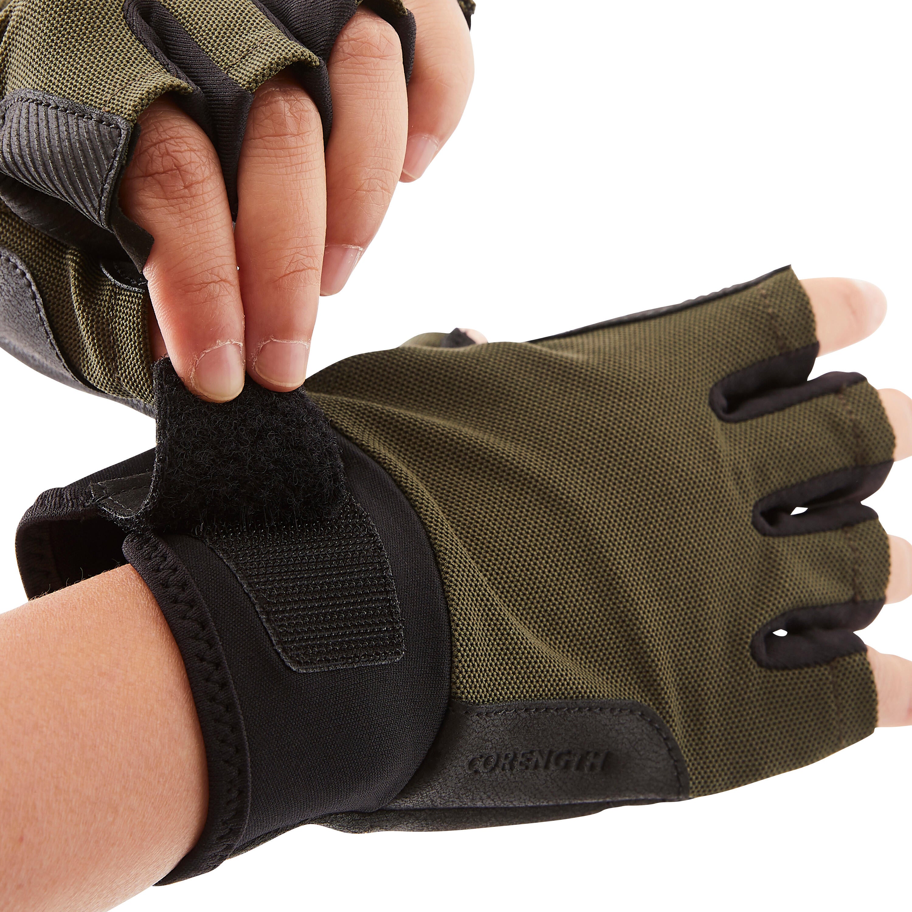 Training gloves 500 khaki DOMYOS, dark khaki/black