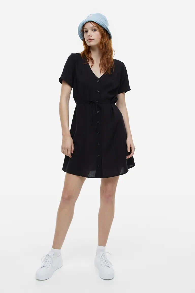 H&M Button Front Tie Dress, Black