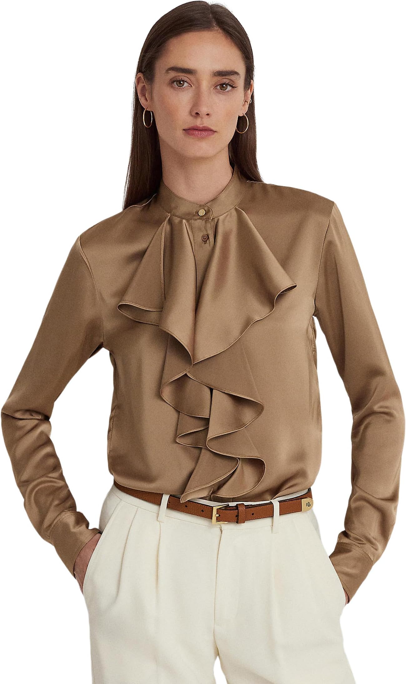 LAUREN Ralph Lauren Satin Charmeuse Ruffle Shirt in Classic Camel