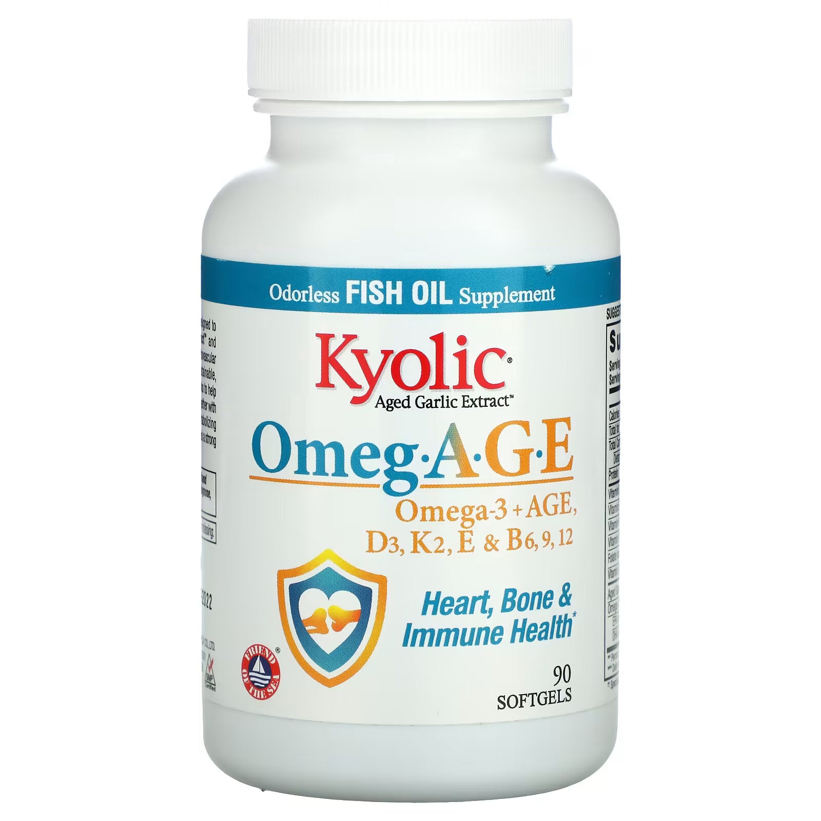 Kyolic، OmegGE، Omega 3+، D3، K2، E وB6، 9، 12، صحة القلب والعظام والمناعة، 90 كبسولة هلامية