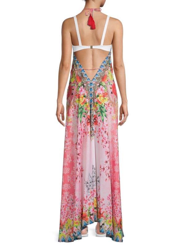 Ranee's beach maxi dress with floral print and tassels, multicolor