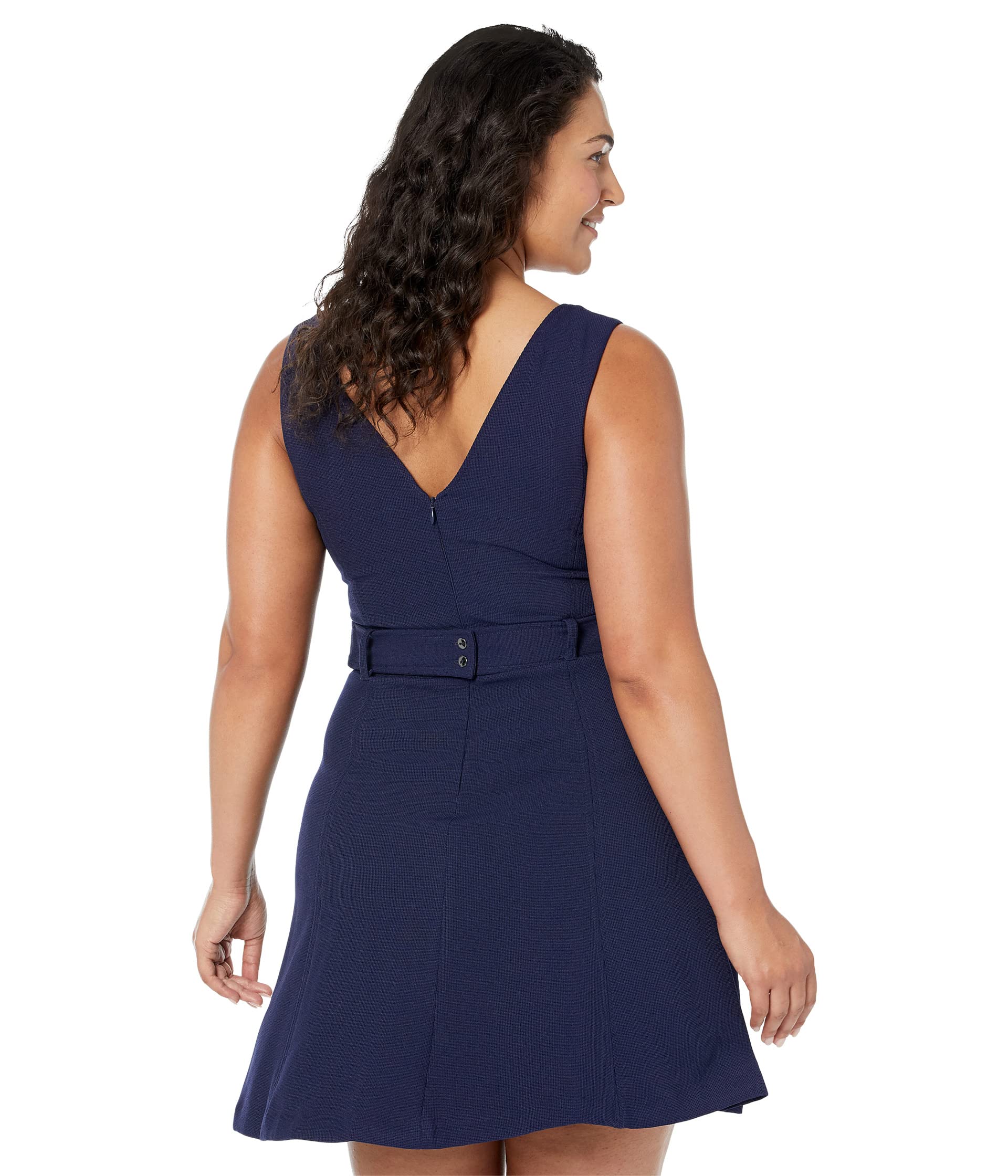 Vince Camuto Dress, Pixie Crepe V-Neck Fit-and-Flare with Self Belt At Back Waist