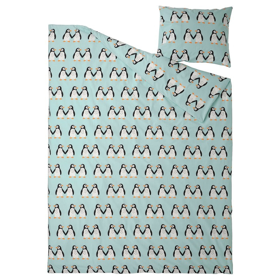 Bed linen Ikea Blavingad Duvet Cover And Pillowcase Penguin Pattern, 150x200/50x60 cm, turquoise