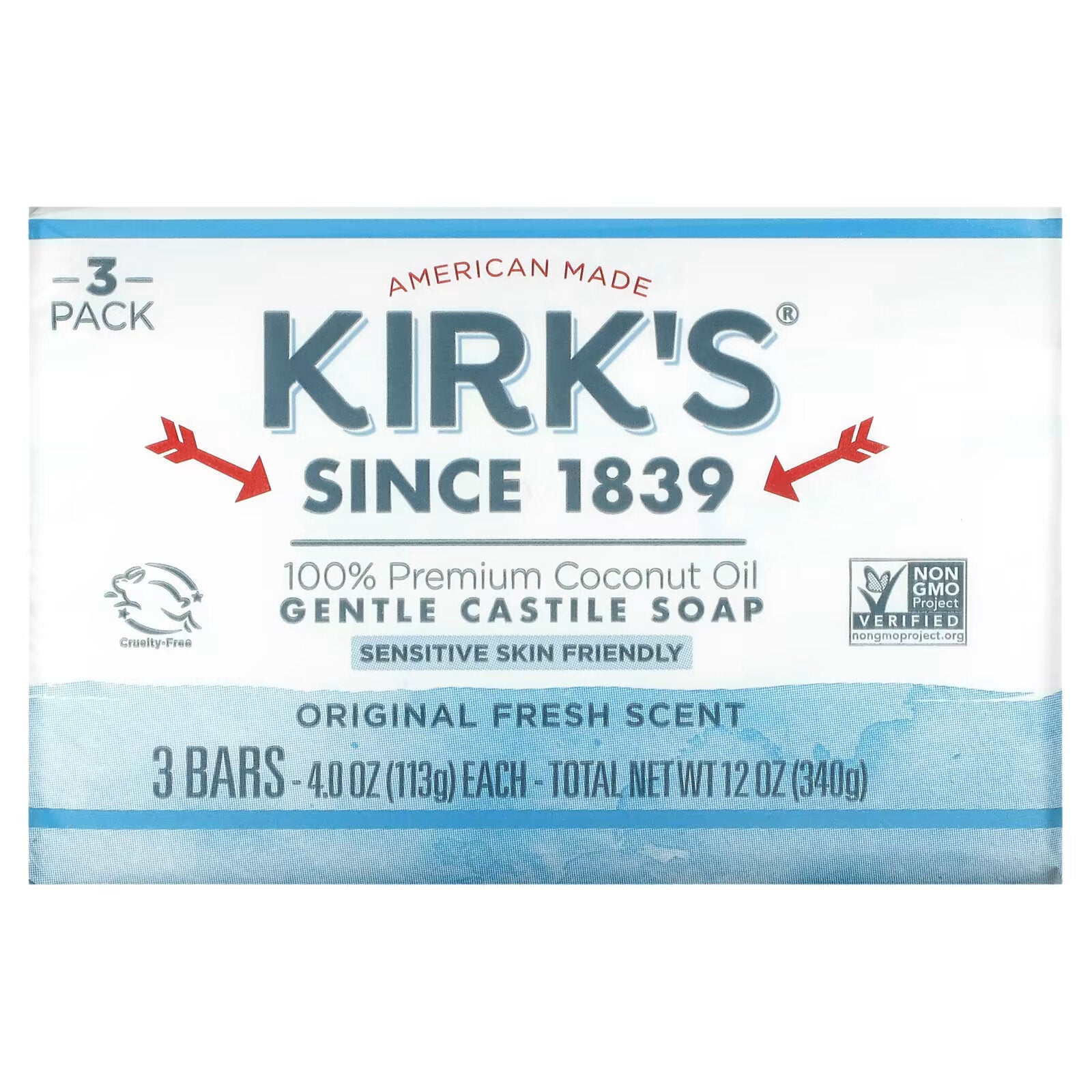 Kirk's, Gentle Castile Soap with Premium Coconut Oil original fresh scent, 3 pcs. 113 g (4 oz) each