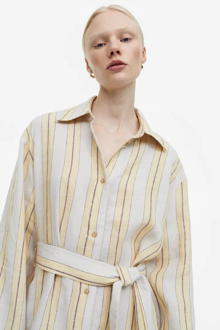 H&M Linen Shirtdress, Pale Yellow/Striped